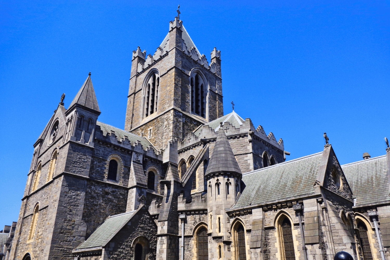 Christ Church Cathedral in Dublin, Ireland, captured on a clear day, showcasing its Gothic stone architecture.