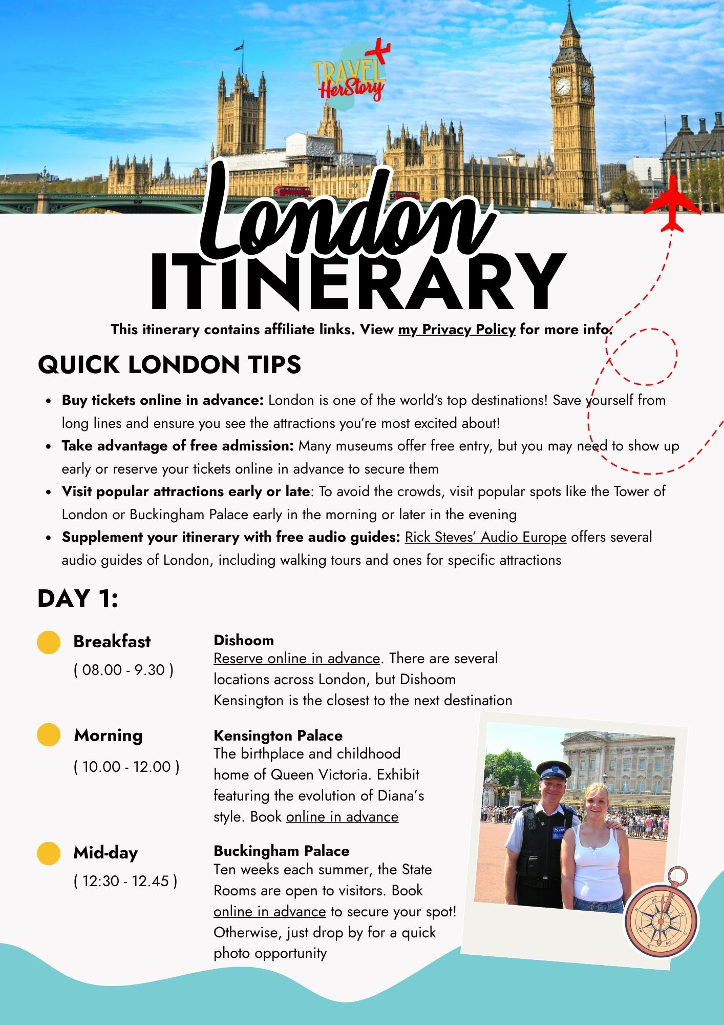 London 2-Day Itinerary: The Best Attractions for First-Timers + Downloadable Map 3 Preview of the first page of a downloadable PDF for a two days in London, England, United Kingdom, itinerary created by Michelle L. Jensen (Travel HerStory).