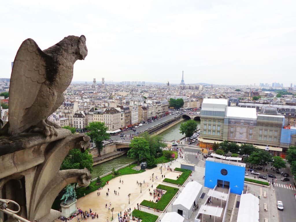 Notre Dame Tower Gargoyle and Eiffel Tower in Background