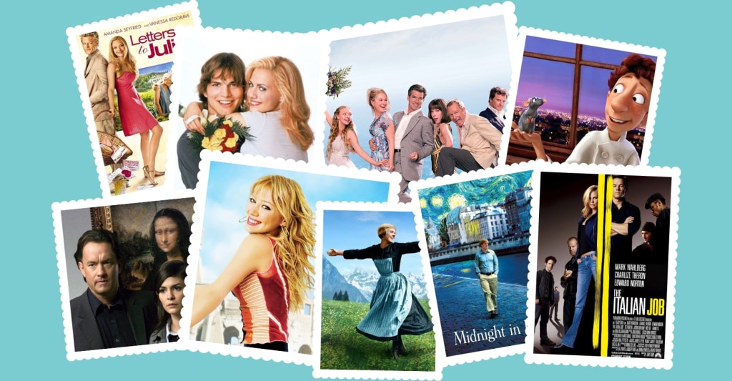 75 Movies Set in European Destinations to Inspire Your Next Trip 8 Movie poster collage featuring films set in Europe, including iconic scenes and actors from popular travel-themed movies displayed against a colorful background.