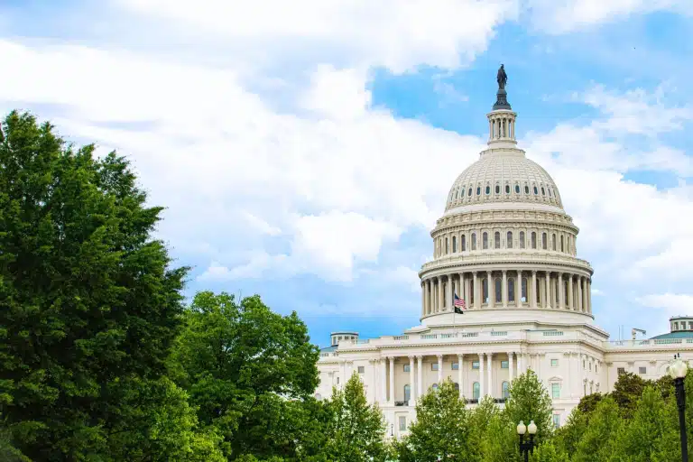 The United States Capitol Building in Washington, D.C., partially obscured by green trees under a bright blue sky. Its iconic white dome rises above the treetops, representing the seat of the U.S. Congress.