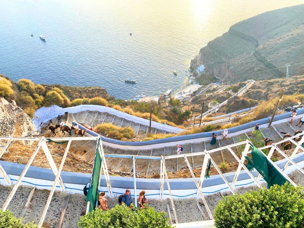 Scenic Karavolades Stairs overlooking the sea in Santorini, Greece.