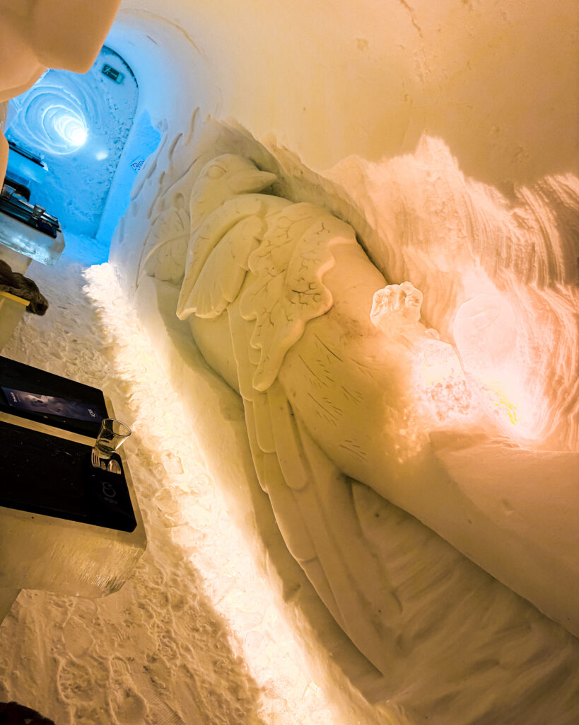 Are These 10 Rovaniemi Restaurants Worth Trying? Arctic Cuisine Dining Guide 27 Snow Restaurant at Snowman World featuring bird snow sculpture.