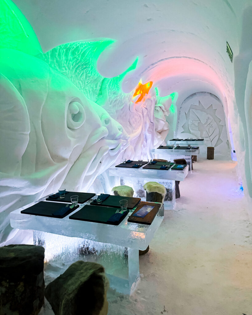 How Many Days Do You Need in Rovaniemi? What to Consider Before Traveling to Finnish Lapland 16 Snow sculptures of fish and frogs at Snow Restaurant in Snowman World in Rovaniemi.