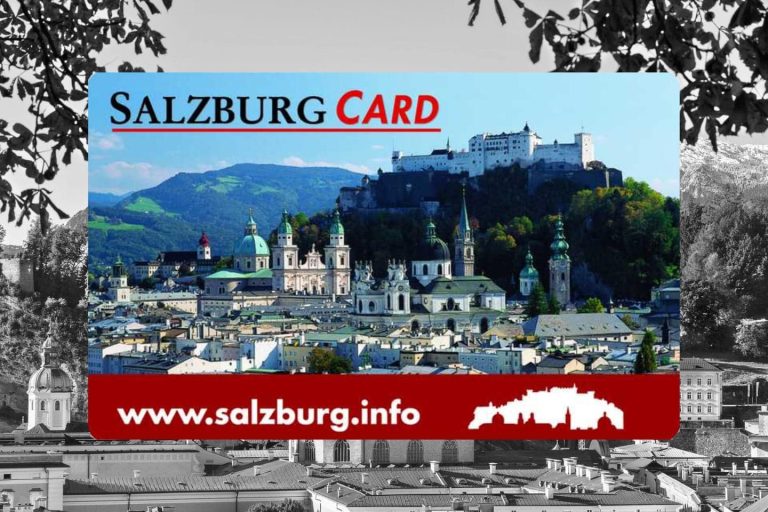 The Salzburg Card displayed over a black-and-white aerial panorama of Salzburg, Austria. The card features a color photo of the city skyline with Hohensalzburg Fortress, the hashtag #visitsalzburg, and a red banner showing the website www.salzburg.info.