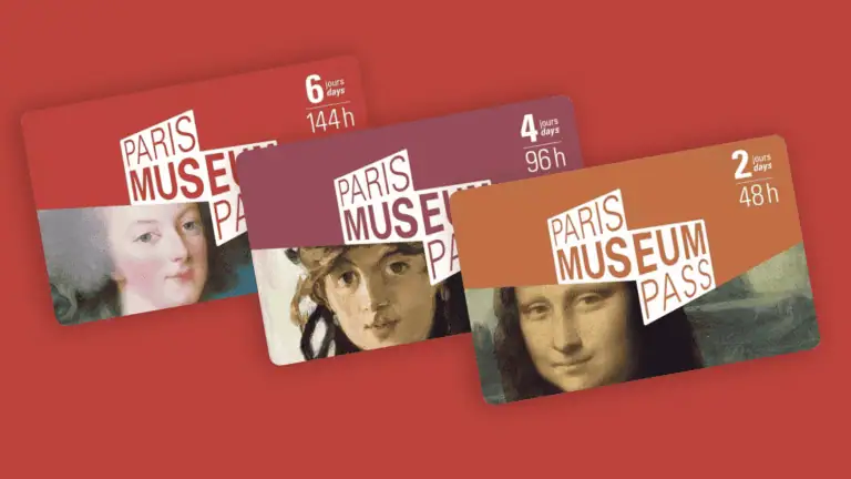 Three Paris Museum Pass cards arranged in a fan layout, each labeled for 2, 4, or 6 days. The cards feature iconic Paris paintings against colorful backgrounds.