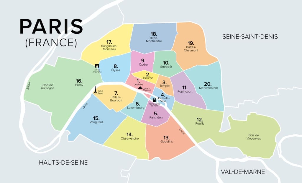 How to Spend a Day in Paris, France: An Affordable, Speedy Itinerary 27 Colorful map of Paris, showcasing the citys twenty arrondissements in a spiral layout.