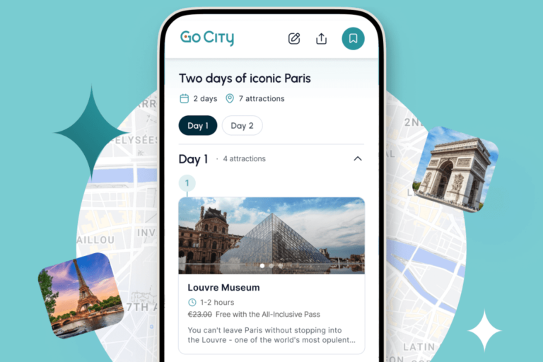 Screenshot of the Go City app showing a two‑day Paris, France, itinerary on a smartphone screen, with icons of the Eiffel Tower and Arc de Triomphe floating on a turquoise background.