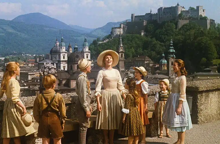 13 Sound of Music Filming Locations in Salzburg, Austria + How to Visit Them 9 Screenshot from the Sound of Music, with Maria and the children on a terrace with Hohensalzburg Fortress overlooking Salzburg, Austria’s Old Town in the background.