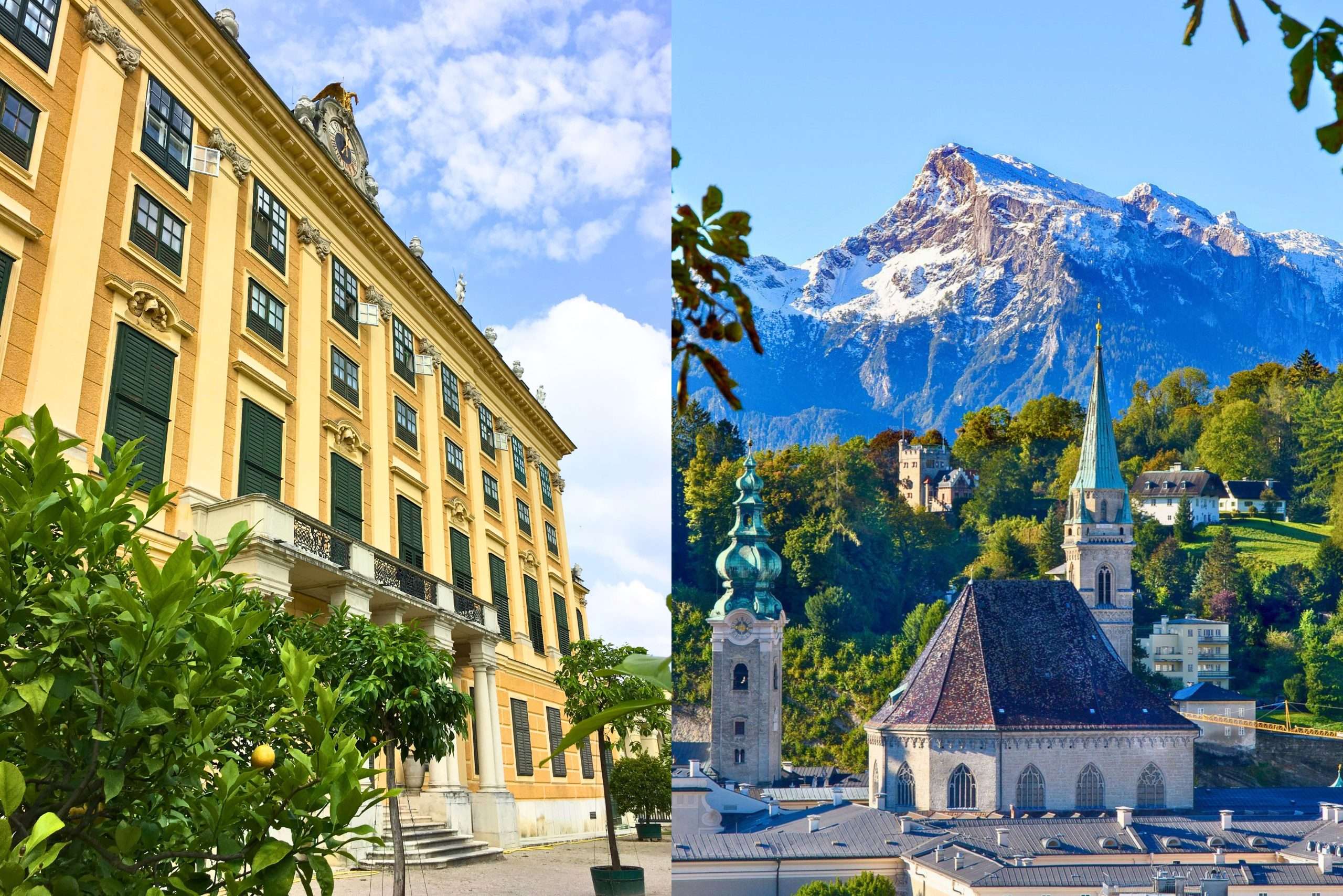 Side-by-side comparison image showing Schonbrunn Palace in Vienna with its grand Baroque architecture on one side, and snow-capped mountains overlooking Salzburg on the other. The visual contrast highlights the cultural elegance of Vienna versus the alpine charm of Salzburg, Austria.