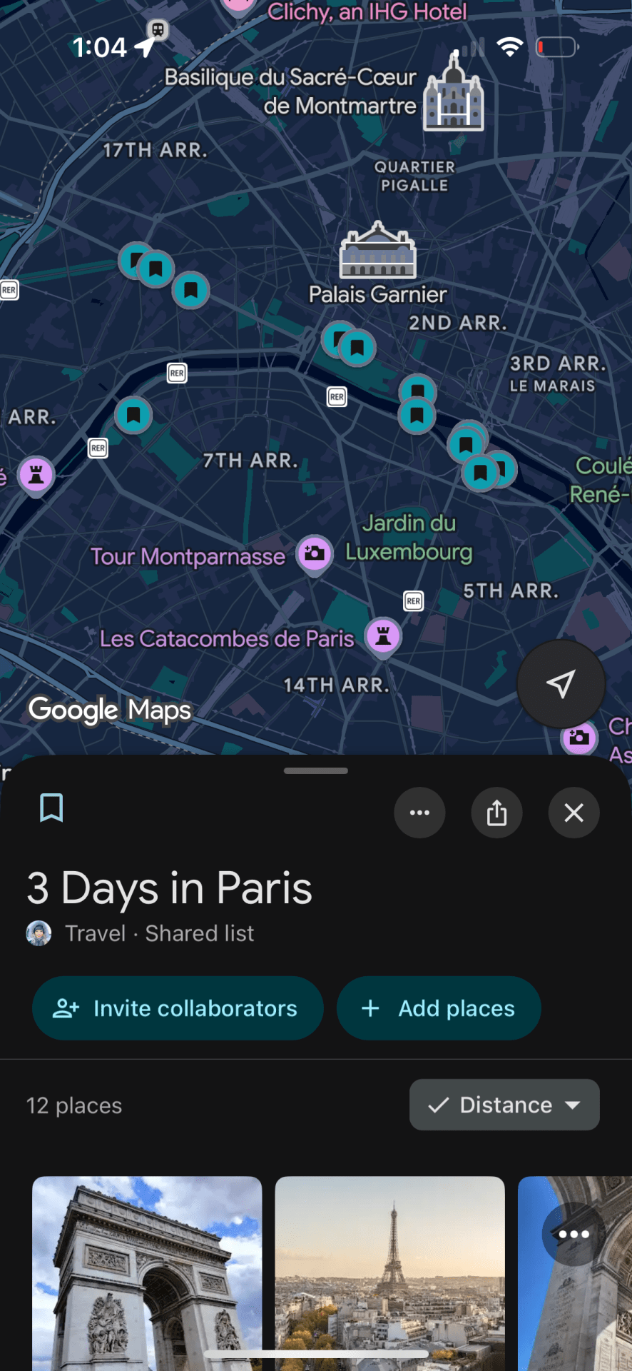How to Plan an International Trip on a Budget: An Efficient Step-by-Step Guide 10 Screenshot of a Google Maps list titled ‘3 Day in Paris’ France with a breakdown of major sights and activities, including the Eiffel Tower, Louvre, Arc de Triomphe, and more from a mobile phone.