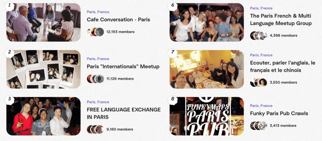 36 of the Best Apps for Traveling in Europe (+ Offline Options) 24 Screenshot of a Paris, France, language exchange Meetup event listing with location and participant details.