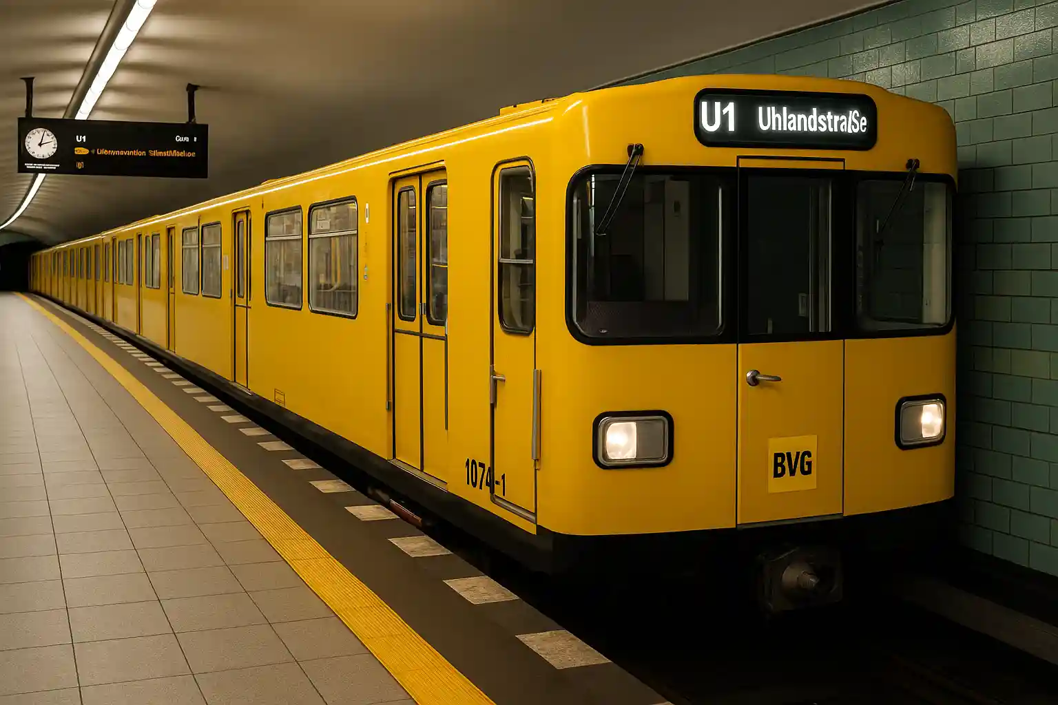 Germany 13 Yellow Berlin U1 U-Bahn train pulling into an underground station with tiled walls and platform signage in Germany.