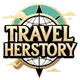 Travel Herstory logo in turquoise and coral with stylized gold text.