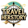Travel Herstory logo in turquoise and coral with stylized gold text.