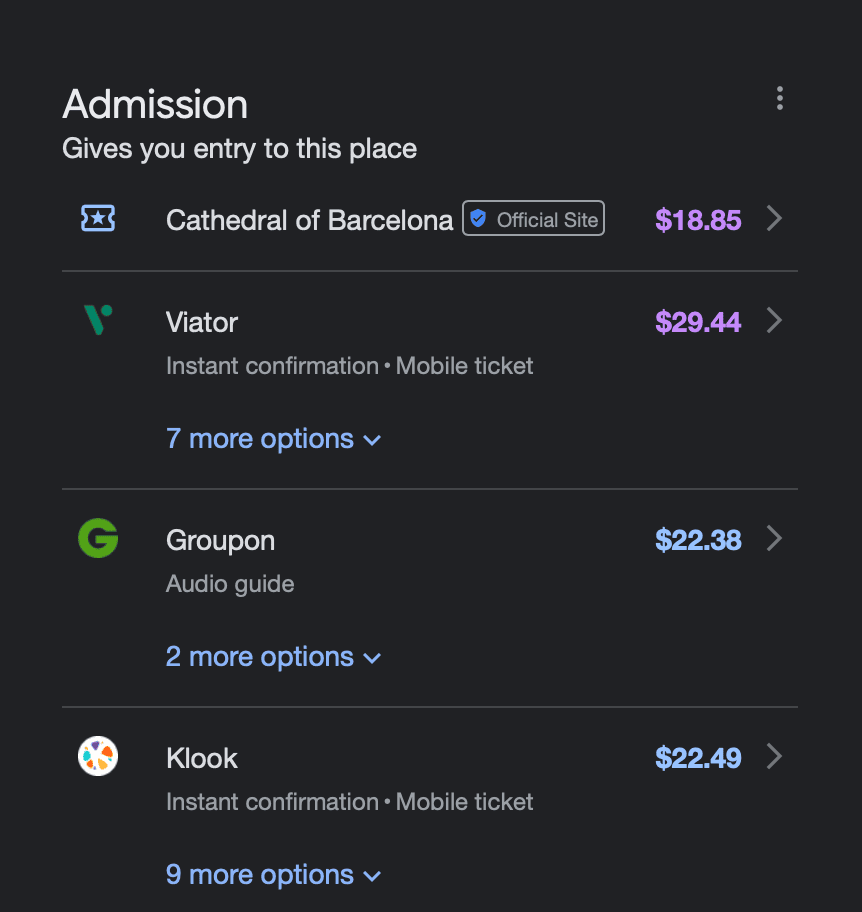 Viator vs. GetYourGuide: Which Is Better for Booking Tours? An Honest Review 17 Google Business listing admission pricing panel for the Cathedral of Barcelona, showing tickets available from the official site at $18.85, Viator at $29.44 with instant confirmation and mobile ticket, Groupon at $22.38 with audio guide, and Klook at $22.49 with instant confirmation and mobile ticket.