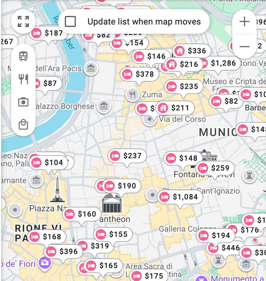 How to Use Google My Maps to Create an Itinerary in 9 Simple Steps 14 A Google Hotels map of central Rome, Italy, displaying pink pins with nightly accommodation prices ranging from $82 to $1,286 scattered across the city centre, with key landmarks including the Pantheon, Piazza Navona, Fontana di Trevi, and Campo de' Fiori visible, and an Update list when map moves toggle at the top of the screen.