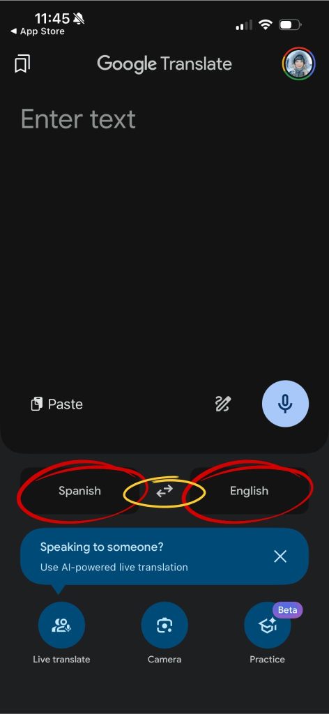 How to Use the Google Translate App to Communicate While Traveling Abroad 3 Google Translate app main screen showing an empty text entry field, with Spanish to English selected as the language pair, and options for Live translate, Camera, and Practice (Beta) at the bottom.