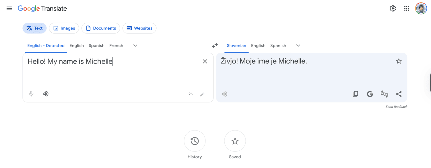 How to Use the Google Translate App to Communicate While Traveling Abroad 11 Google Translate website translating "Hello! My name is Michelle" from English into Slovenian, displaying the result "Živjo! Moje ime je Michelle." with Text, Images, Documents, and Websites input options available.