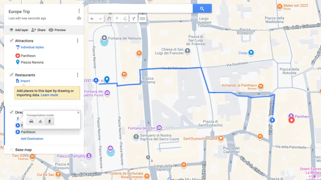 A Google My Maps interface showing a Europe Trip map with a blue walking route plotted between Piazza Navona and the Pantheon in Rome, with a Transportation mode pop-up open displaying driving, cycling, and walking options, and the left-hand panel listing Attractions, Restaurants, and Directions layers in the historic city centre.