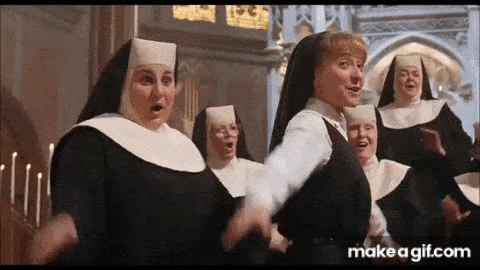 What to See in Vatican City: One-Day Itinerary Featuring 8 Sites 23 Animated GIF from the movie Sister Act showing nuns in traditional black and white habits dancing and singing joyfully inside a church. The scene captures the fun, upbeat musical moments from the 1992 Whoopi Goldberg comedy film.
