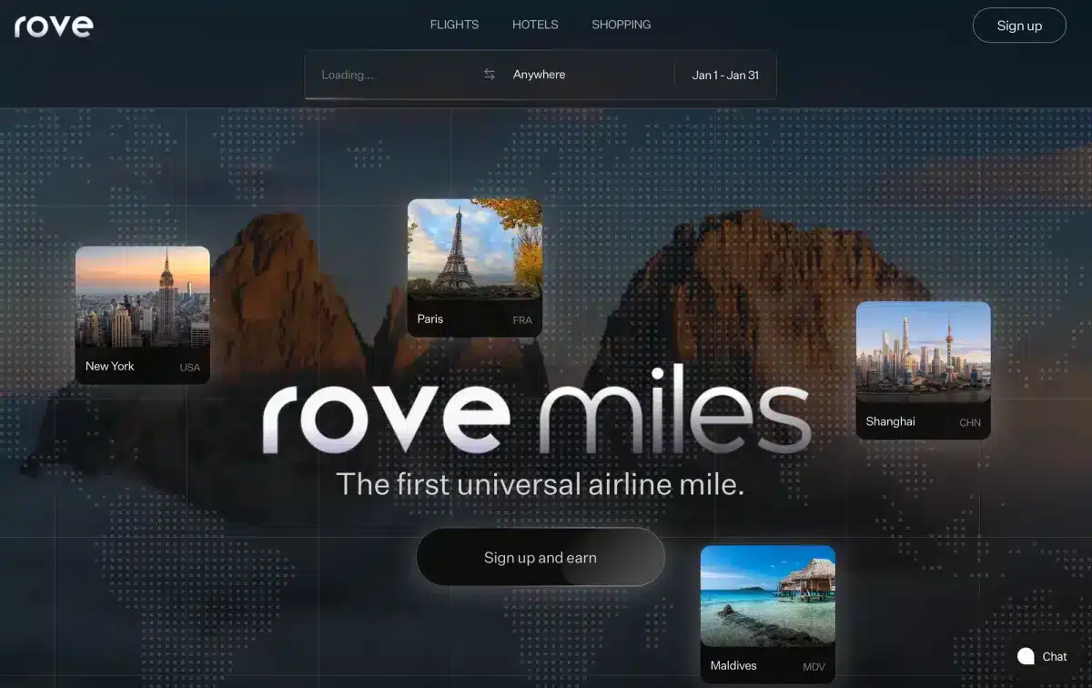 Resources 27 Screenshot of the Rove Miles travel rewards website homepage displaying a dark world map background with destination thumbnail cards for New York USA, Paris France, Shanghai China, and Maldives, plus a flight search bar and a black Sign up and earn call-to-action button below the rove miles logo.