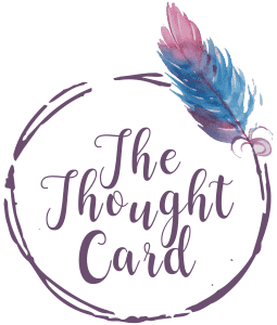 About Me 23 The Thought Card logo, watercolor feather design in a hand-drawn circle