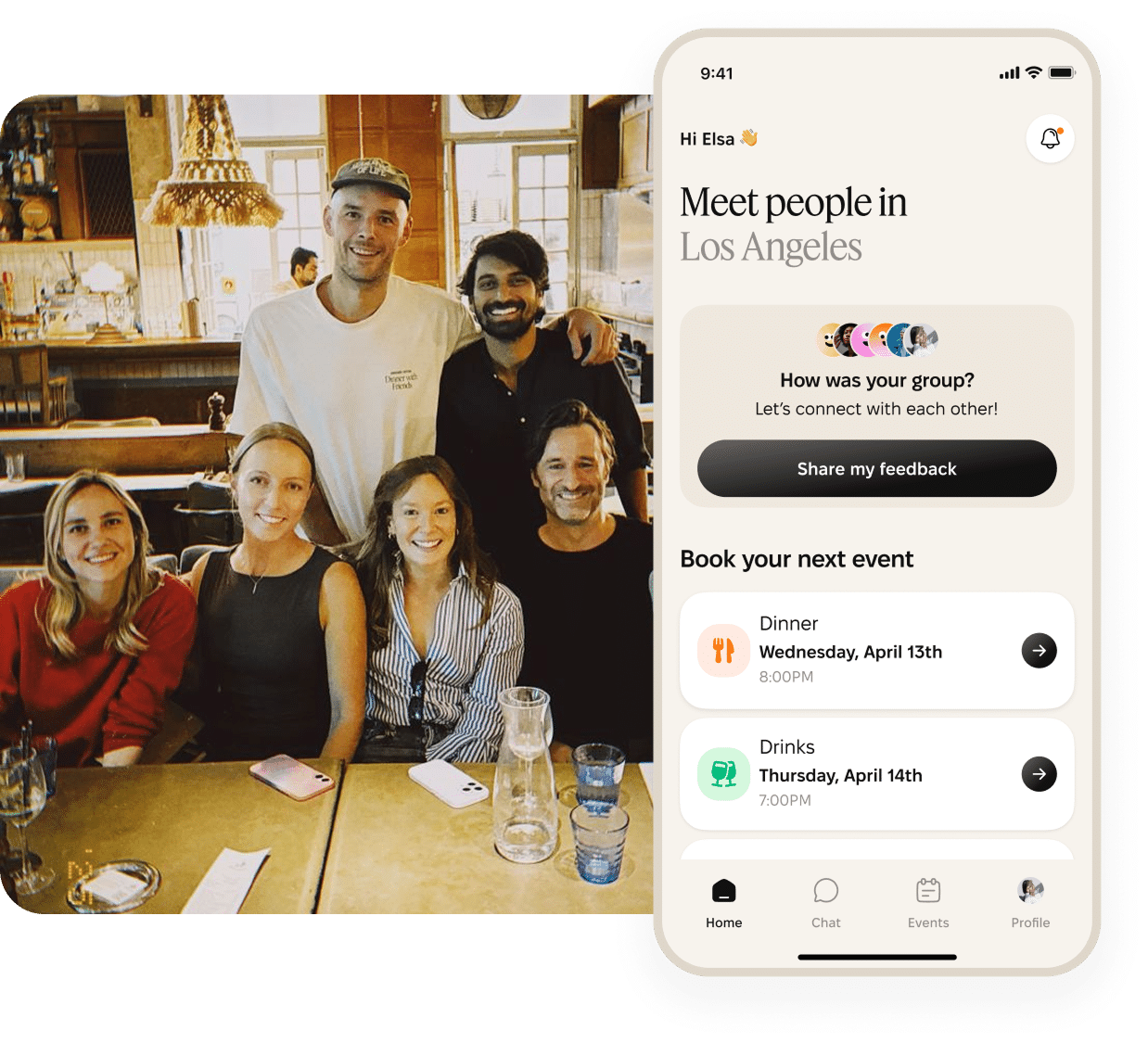 Timeleft promotional graphic pairing a photo of six smiling diners gathered around a wooden restaurant table with an iPhone mockup of the app home screen set to Los Angeles, California, USA, showing a How was your group feedback prompt and upcoming Dinner and Drinks events available to book.