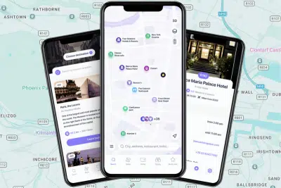 Three smartphone mockups fanned over a pale teal street map of Dublin, Ireland, showing a travel app's destination card for the Louvre in Paris, a city map dotted with restaurant, hotel and shop pins, and a hotel listing priced at $762, with Phoenix Park, Kilmainham and Ringsend labeled behind.
